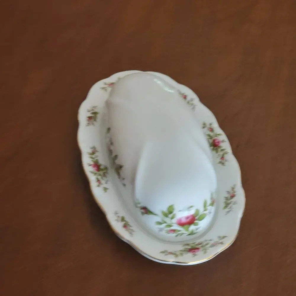 Vintage Johann Haviland Traditions Moss Rose Covered Butter Dish with Gold Trim